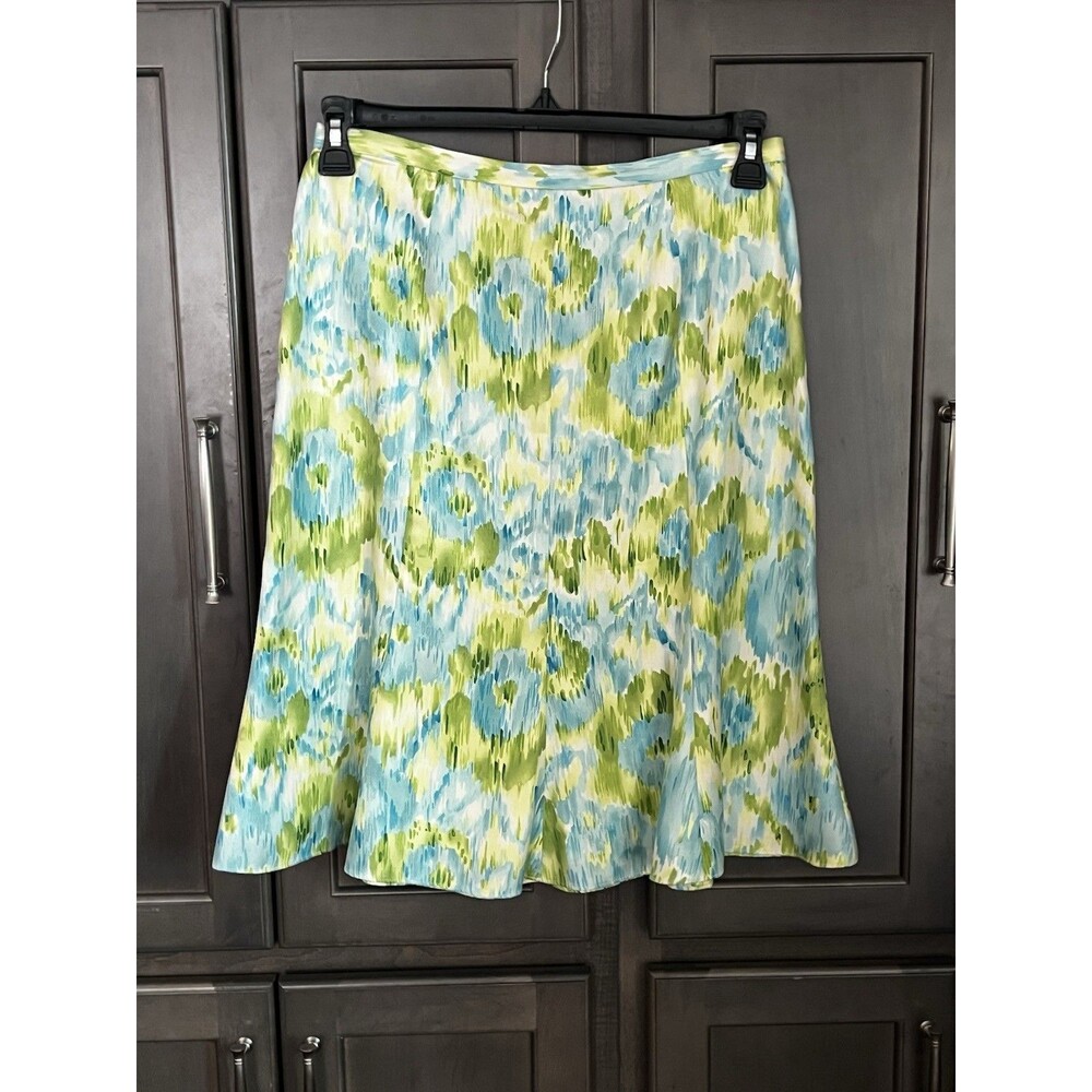 TALBOTS 100% Pure Silk Green Watercolor Floral Skirt Women’s Size 8